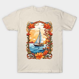 Sailing boat at sunset retro vintage floral design T-Shirt